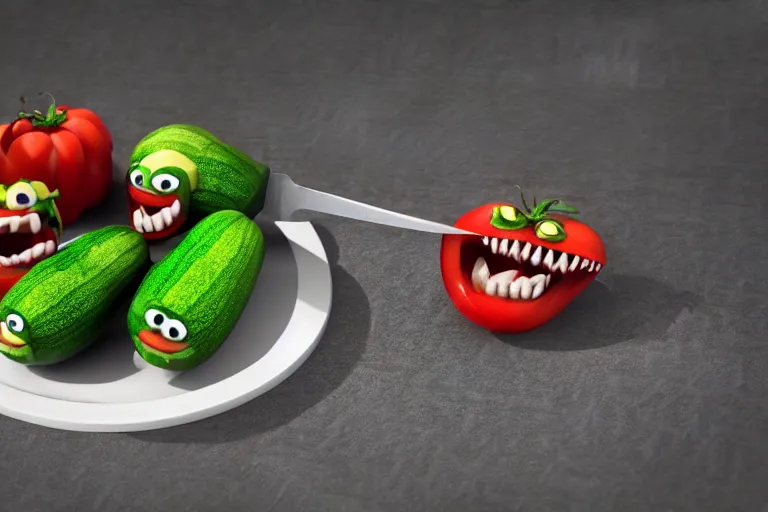 Image similar to detailed 3 d render of an angry furious zucchini with a bloody sword in his hand, running down the road chasing after a group of scared tomatoes, hyper realistic octane render, dramatic lighting, high speed chase, nightmare, surrealism, pixar, disney, cartoon