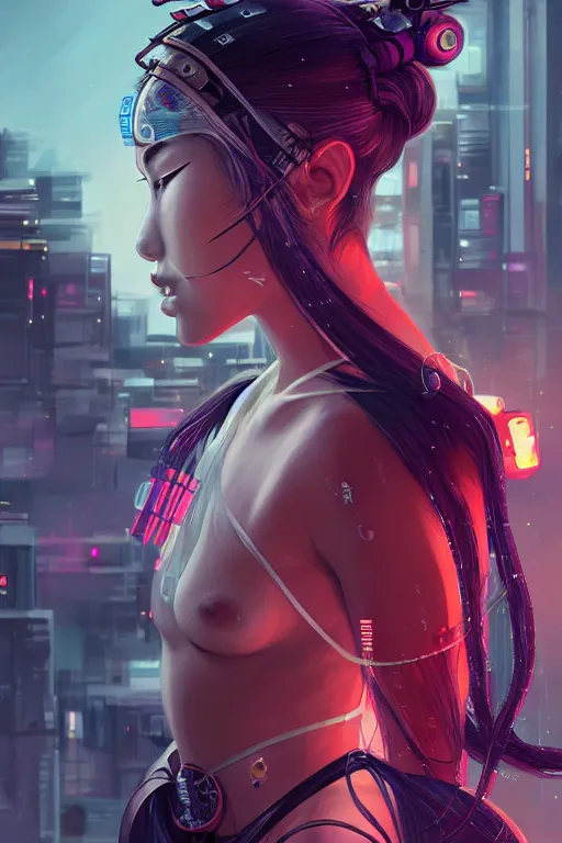 Image similar to portrait futuristic Samurai Girl, in future cyberpunk tokyo rooftop , ssci-fi, fantasy, intricate, very very beautiful, elegant, human anatomy, neon light, highly detailed, digital painting, artstation, concept art, smooth, sharp focus, illustration, art by tian zi and WLOP and alphonse mucha