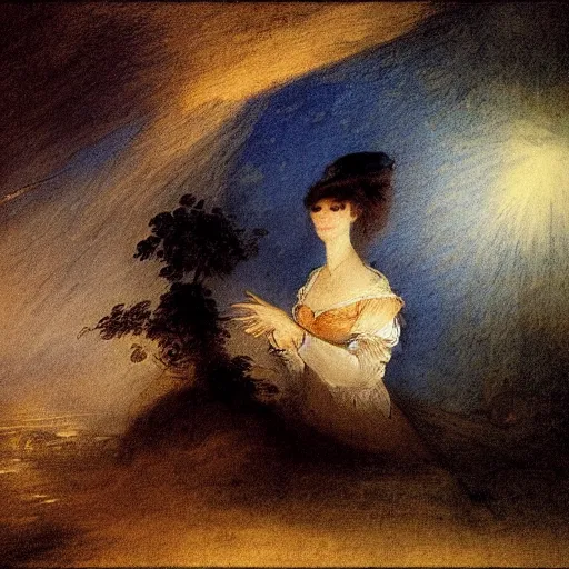 Image similar to a beautiful dark - haired girl riding a concorde and smoking a gauloise blue hour lighting, lumnious, magical, atmospheric, backlight photo sample, illustration by goya, jmw turner and jean antoine watteau