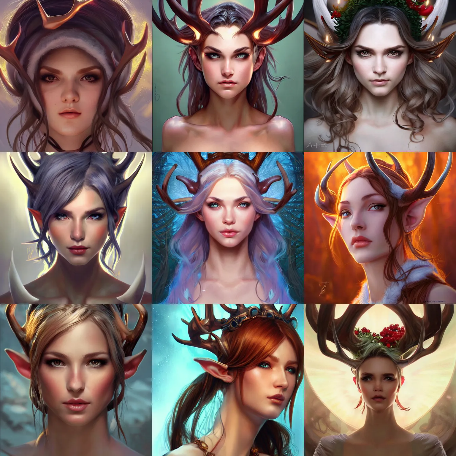 Prompt: character concept portrait, head-on centralized, elf with antlers. Detailed, high quality, dynamic lightning, fantasy. Artwork by artgerm, WLOP, alex ross, greg rutknowski, Alphonse Mucha