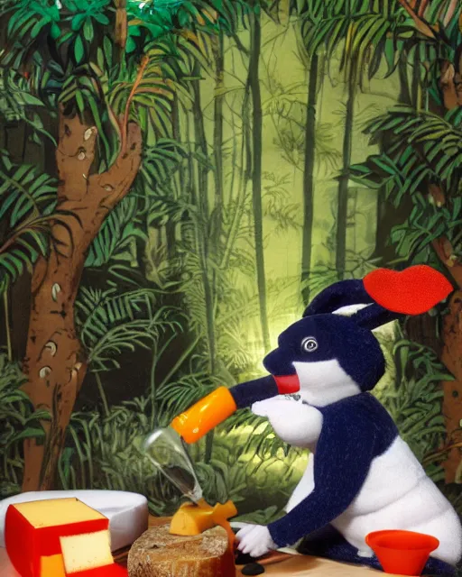 Prompt: noddy drinking milk in a jungle full of cheese at midnight with disco lights