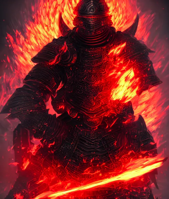 Prompt: a detailed manga portrait illustration of a dark warrior in black plated armour surrounded by red flames, trending on artstation, digital art, 4 k resolution, detailed, octane render, high quality, sharp focus, hq artwork, insane detail, concept art, character concept, character illustration