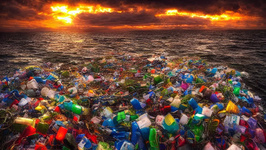 Image similar to amazing landscape photo of garbage patch, sunset by marc adamus, beautiful dramatic lighting
