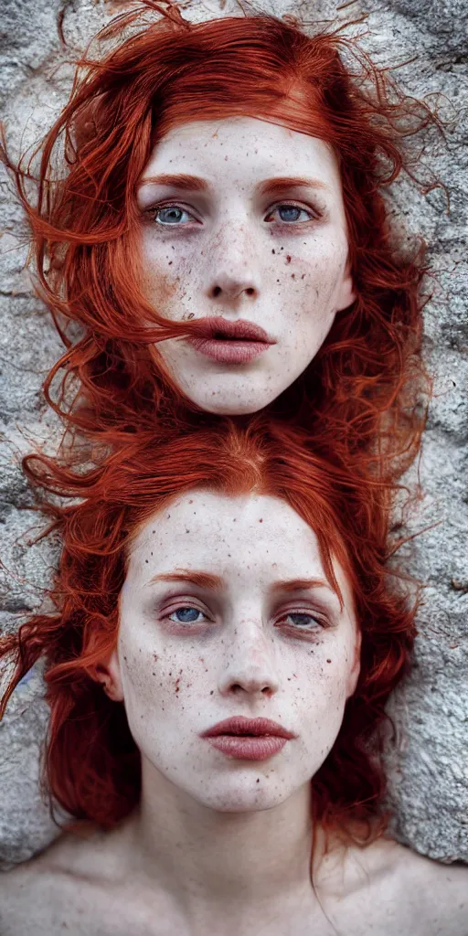 Image similar to dream symmetrical portrait of a woman , close-up, high sharpness, zeiss lens, fashion photo shoot, flowers, red hair, freckles, Annie Leibovitz and Steve McCurry, David Lazar, Jimmy Nelsson, artistic, hyper-realistic, beautiful face, octane rendering