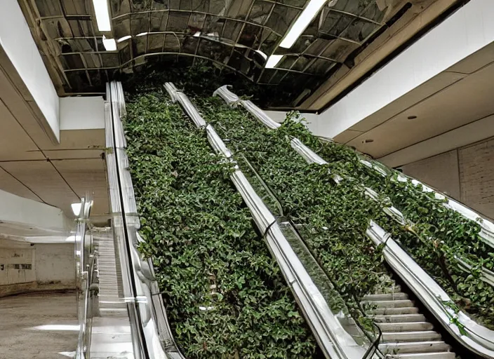 Image similar to an escalator in an abandoned mall in the 1 9 8 0 s, taken over by nature, covered in vines, brutalism