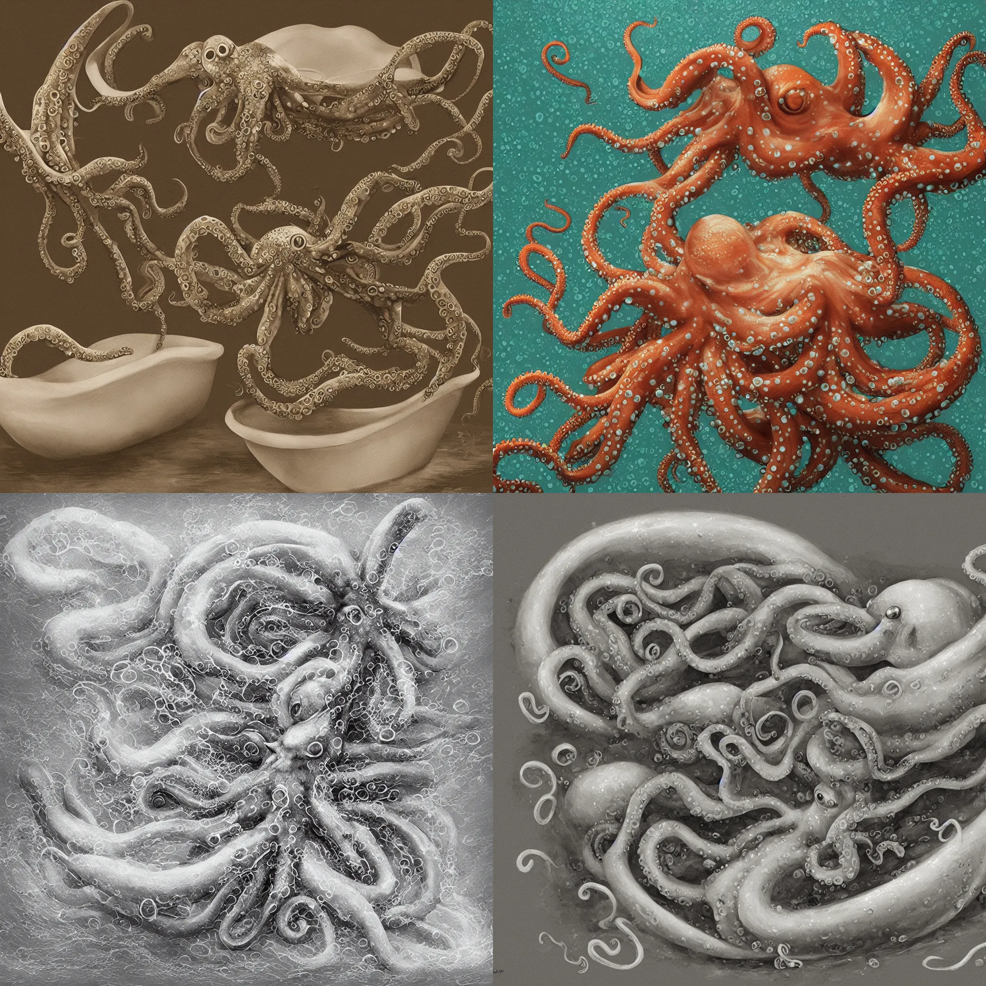 Prompt: A photo of octopus in a foamy bathtub, detailed, digital art