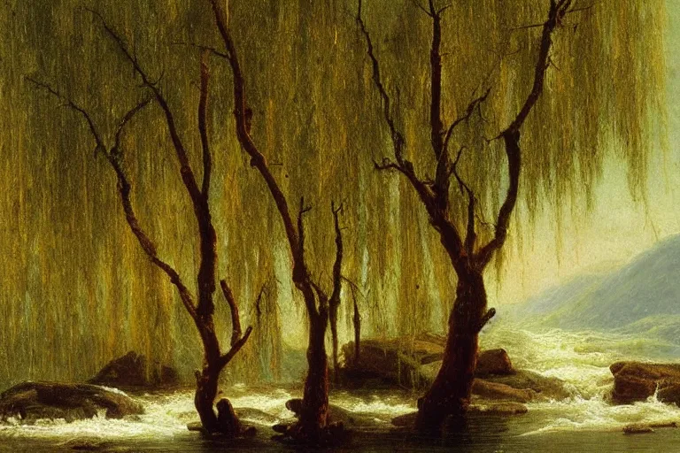 Image similar to oil painting of a willow tree next to a raging river by albert bierstadt