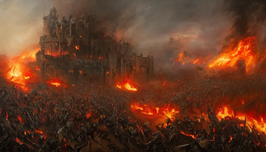 Image similar to 1 7 0 0's painting of huge war between knights and zombies in england, burning castle, hyperdetailed, artstation, cgsociety, 8 k