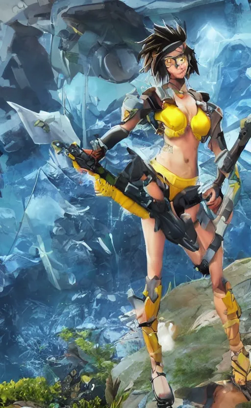 Image similar to tracer game character, in yellow bikini, blonde hair, black eyes, full height