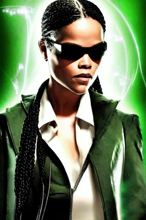 Prompt: a movie poster portrait taken from the new matrix movie featuring ( tessa thompson ) with beautiful long black braids, wearing futuristic ( ( ( ( glowing ) ) ) ) sun glasses and black leather trench coat, green matrix computer code and light beams flash in the background, extremely detailed, extremely symmetrical facial features, by kevin fiege 8 k