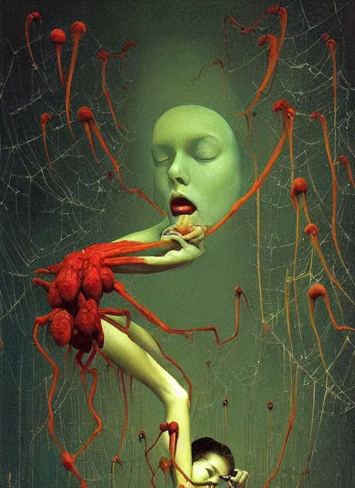 Image similar to She Eats of the Strangling Fruit and Her spiderlike gossamer glistening polyp blossoms bring iridescent fungal flowers whose spores black the foolish staring stars Edward Hopper and James Gilleard, Zdzislaw Beksinski, Mark Ryden, Wolfgang Lettl highly detailed