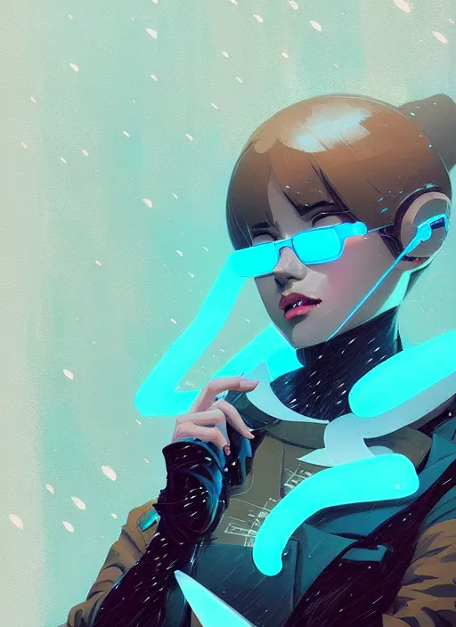 Image similar to highly detailed portrait of cyber girl, raining, by atey ghailan, by greg rutkowski, by greg tocchini, by james gilleard, by joe fenton, by kaethe butcher, gradient light blue, brown, blonde cream and white color scheme, grunge aesthetic