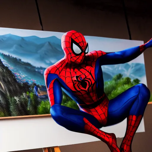 Image similar to a closeup photorealistic photograph of spider - man working on a canvas painting. film still. brightly lit scene. mountains and trees. this 4 k hd image is trending on artstation, featured on behance, well - rendered, extra crisp, features intricate detail, epic composition and the style of unreal engine