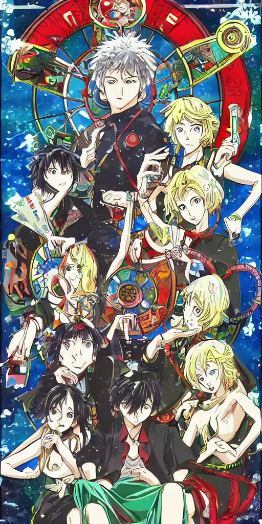 Image similar to Wheel of Fortune tarot card anime style drawn by Koyoharu Gotouge