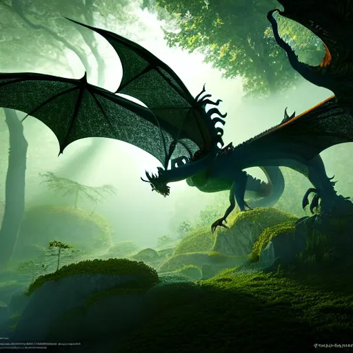 Prompt: a highly detailed crisp unreal engine render of a flying dragon on a bright mystic forest, ling xiang, Etienne Hebinger, Ilya Nazarov, Marcus Whinney, artstation 3D render