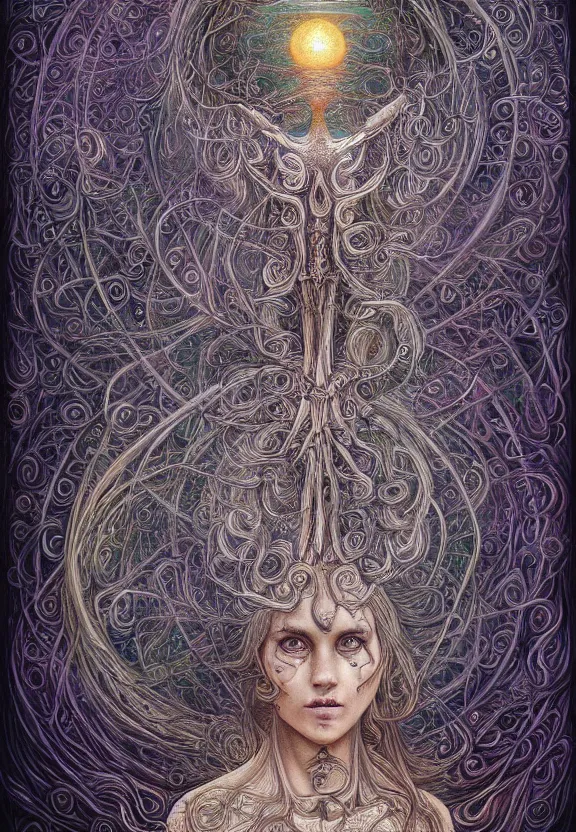 Prompt: perfectly centered full body front view of a beautiful biomechanical moon goddess, flowing hair, intense stare, sweet smile, symmetrical, concept art, intricate detail, volumetric shadows and lighting, psychedelic colors, realistic oil painting, alex grey, gustave dore,