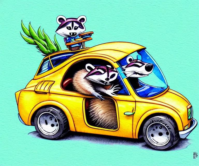 Image similar to cute and funny, racoon wearing a helmet riding in a tiny hot rod with oversized engine, ratfink style by ed roth, centered award winning watercolor pen illustration, isometric illustration by chihiro iwasaki, edited by watercolor girl, tiny details by artgerm, symmetrically isometrically centered