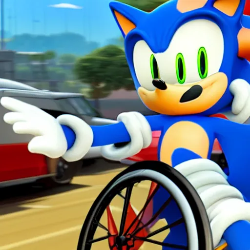 Image similar to geriatric sonic the hedgehog in a wheelchair, Sega video game