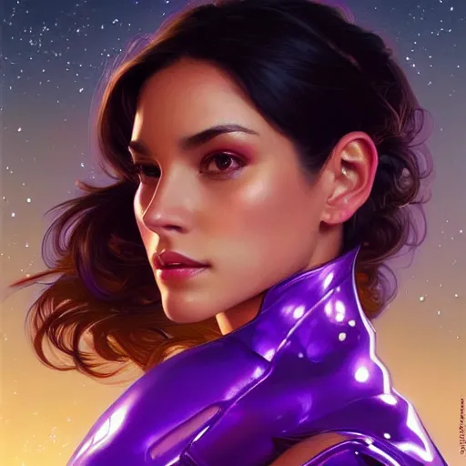 Image similar to Portrait of very very very very very very beautiful Latina woman, spacesuit, purple eyes, intricate, elegant, highly detailed, digital painting, artstation, concept art, smooth, sharp focus, illustration, art by artgerm and greg rutkowski and alphonse mucha