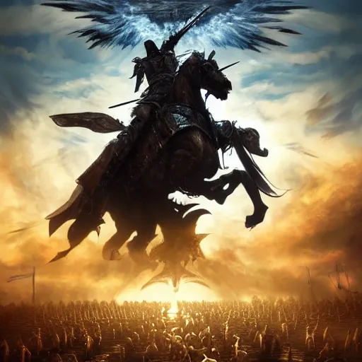 Image similar to cinematic digital art of the last knight from heaven fighting the hordes from hell making this last stand to protect the holy kingdom of heaven as they attack from below