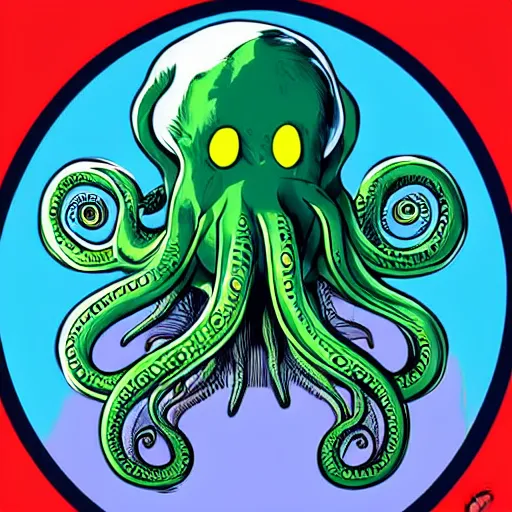 Image similar to hyper realistic award winning illustration by jamie mckelvie of in frame cute cthulhu moving it's tentacles against a blue background, digital art