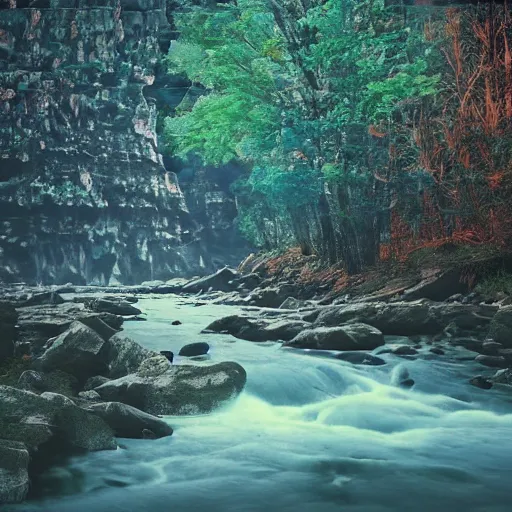 Image similar to a beautiful landscape, river, rocks, trees, by greg rutkowsi, glitch, glitchy