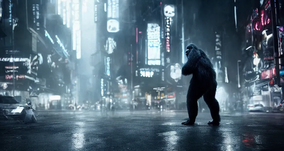 Prompt: gorilla wearing a white jacket walking down a blade runner street looking suspicious, in the andromeda galaxie by ash thorp