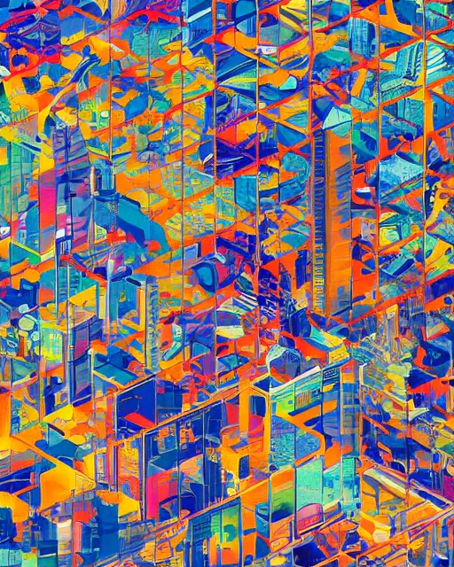 Prompt: a satellite view of an industrial city with geometric shapes mixed with portrait photography by tristan eaton, glitches, primary colors