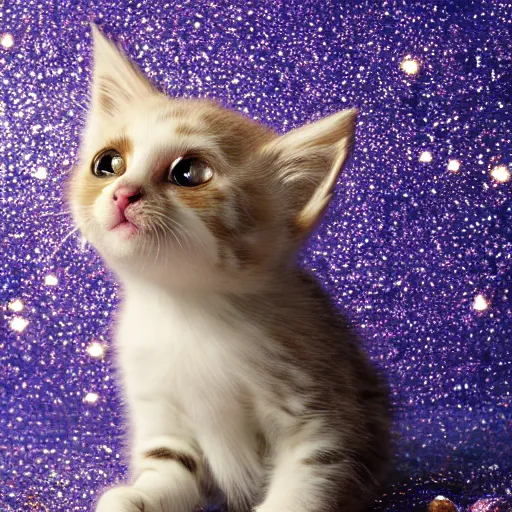 Image similar to kitten bathing itself with a glitter explosion, 8k, award winning photo, digital art