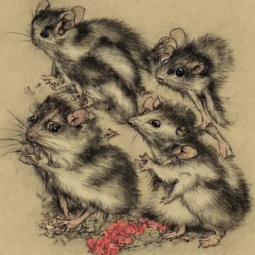 Image similar to Louis Icart, an old elaborate colored drawing of adorable little rats by Louis Icart, highly detailed, masterpiece