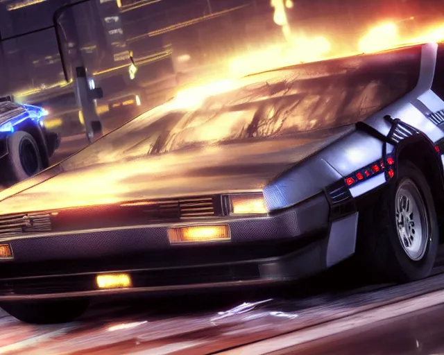 Prompt: photo of a vehicle concept design delorean being chased by police on wet cyberpunk city streets at night, rocket league tank, mad max, action, speed, volumetric lighting, hdr, gta 5, makoto shinkai, syd mead, borderlands, fast and furious, octane, 8 k