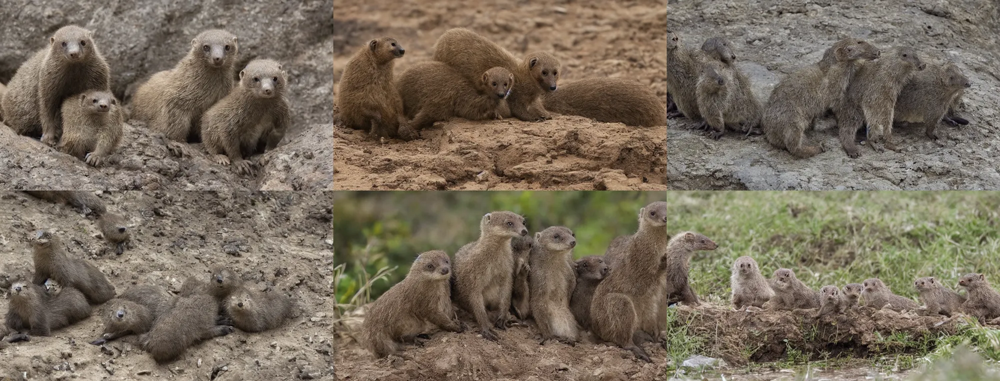 Prompt: family photo of mongooses at a muddy cliff, still from the BBC Earth documentary (2018)