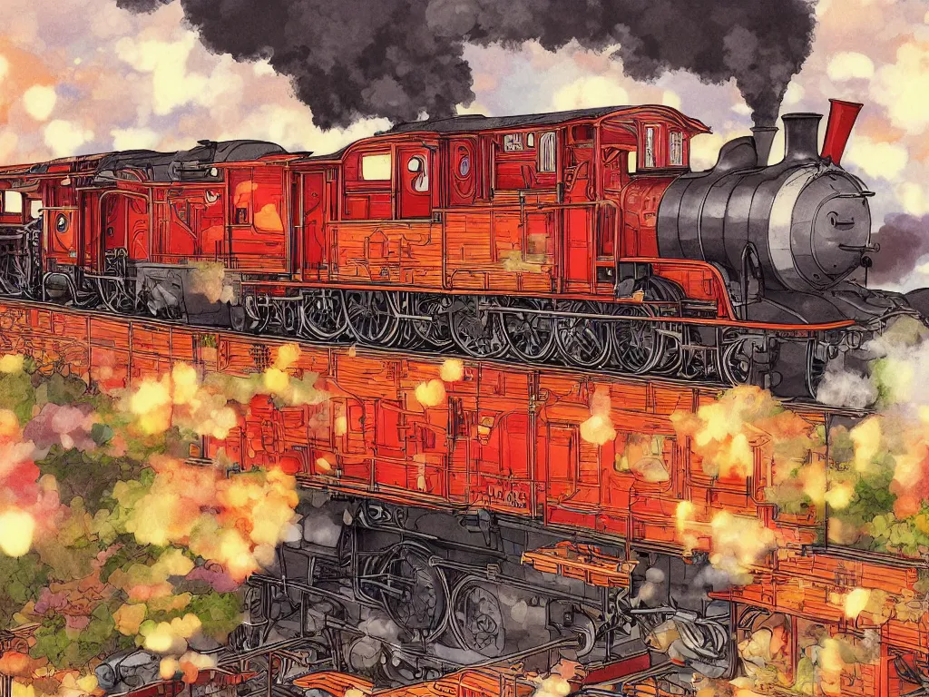 Image similar to cross - section close - up view of a steam anime train, autumn light, colorful, smoke, beautiful, by studio ghibli, digital art, concept art, manga, cute and adorable, illustration