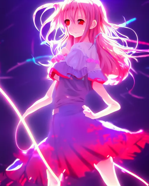 Image similar to anime style, vivid, expressive, full body, 4 k, painting, a cute magical girl idol with a long wavy hair wearing a dress fighting monsters, correct proportions, stunning, realistic light and shadow effects, neon lights, studio ghibly makoto shinkai yuji yamaguchi