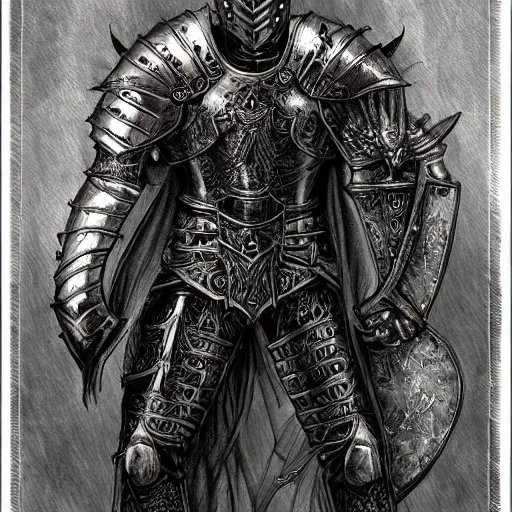 Image similar to gothic knight, intricate etched armor, standing astride a gate, artstation, charcoal, in the style of terese nielsen, full color