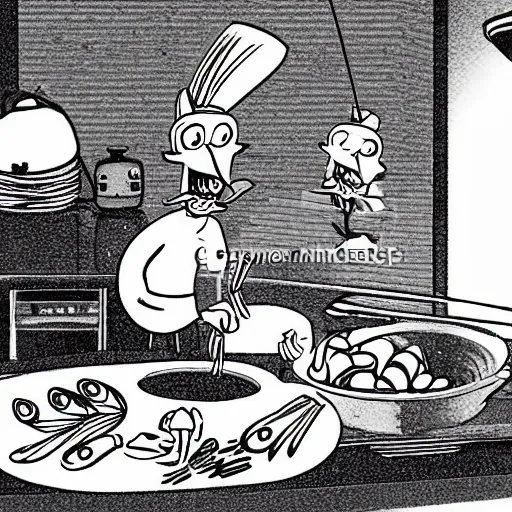 Prompt: a cartoon style shrimp in the kitchen frying rice, cartoon,