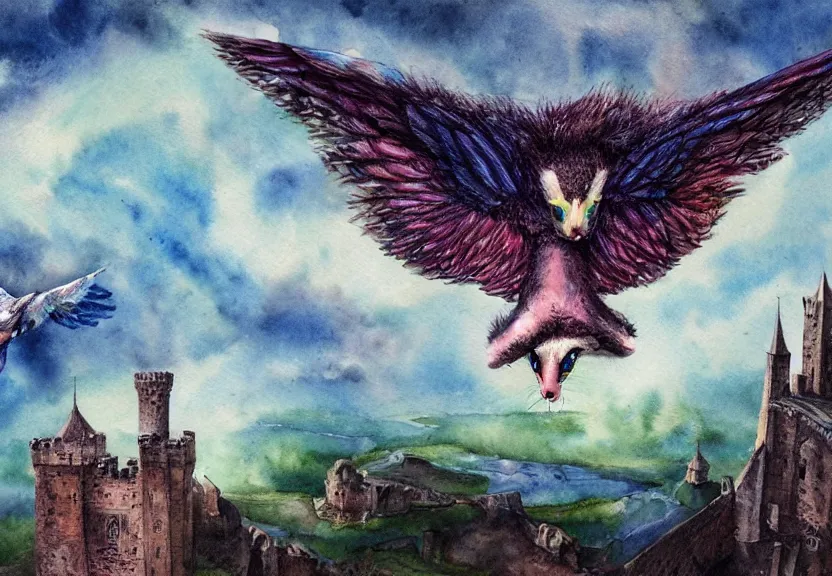 Image similar to legendary colorful winged possum flying over a medieval castle under a dark starred sky, dark fantasy, watercolor, dreaming illusion, highly detailed, 4k, trending on Artstation, award-winning