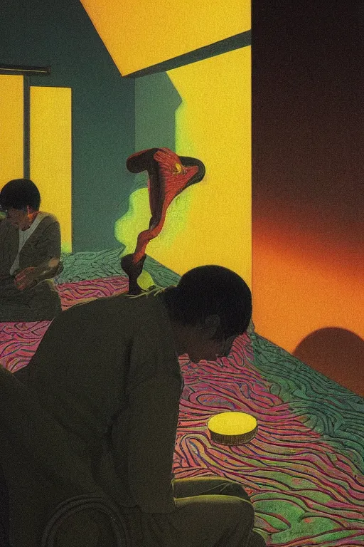Image similar to man licks a tab of LSD acid on his tongue and experiences psychedelic hallucinations, by kawase hasui, moebius, Edward Hopper and James Gilleard, Zdzislaw Beksinski, Steven Outram colorful flat surreal design, hd, 8k, artstation