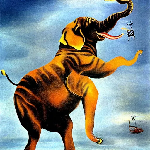 Image similar to an elephant fighting with a tiger painted by Salvador Dalí.