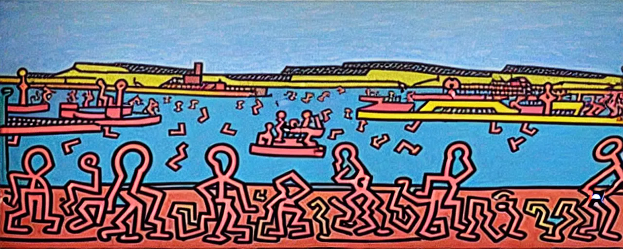 Prompt: a painting of the harbour at Stromness orkney, by Keith Haring