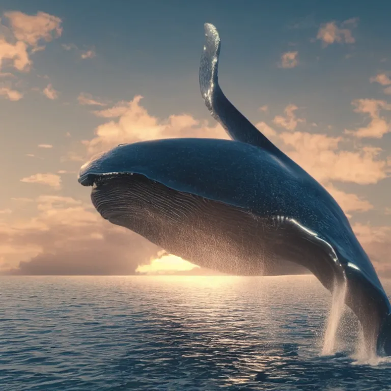 Image similar to vfx shot by weta digital and industrial light and magic ilm, a stunning beautiful glowing blue whale made out of shiny reflective silver metallic chrome flying in the sky through fluffy giant sunset clouds, octane render, cinema 4 d, ray traced lighting, very short depth of field, bokeh