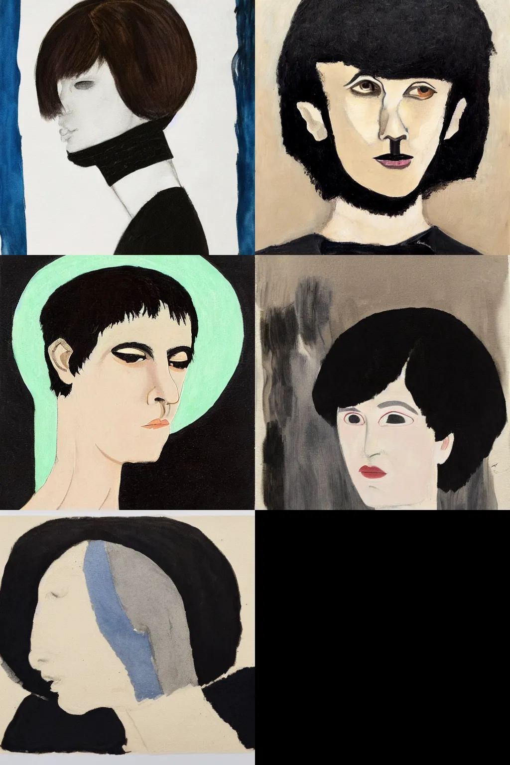 Prompt: a goth portrait painted by etel adnan. her hair is dark brown and cut into a short, messy pixie cut. she has a slightly rounded face, with a pointed chin, large entirely - black eyes, and a small nose. she is wearing a black tank top, a black leather jacket, a black knee - length skirt, and a black choker.