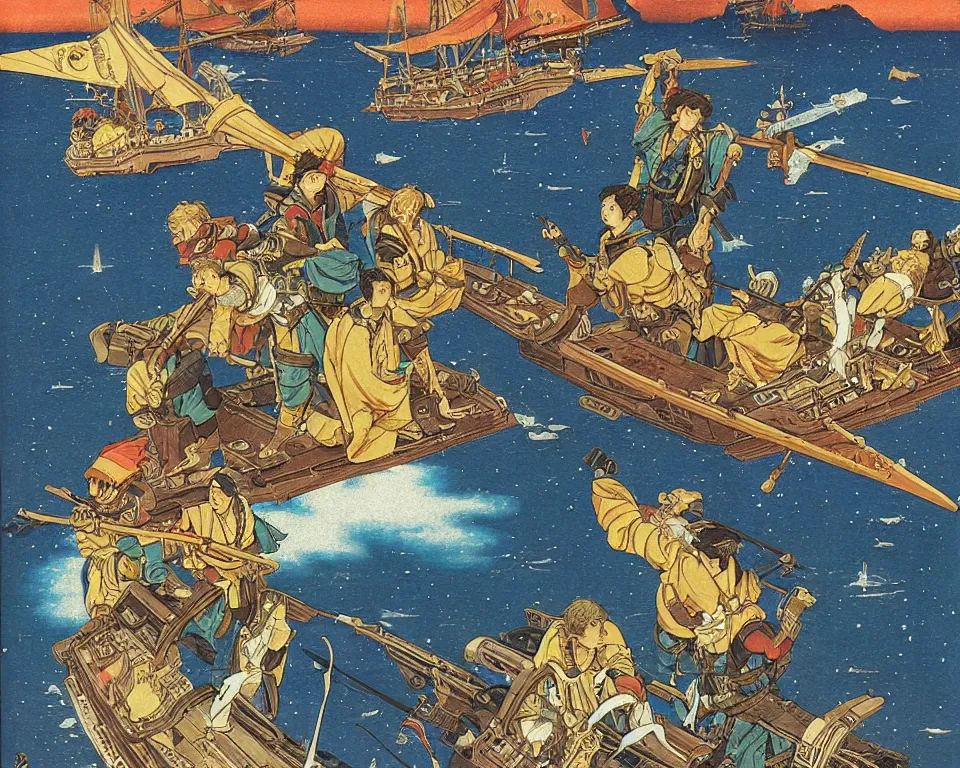 Image similar to the golden age of intergalactic piracy by Raphael and Hasui Kawase.