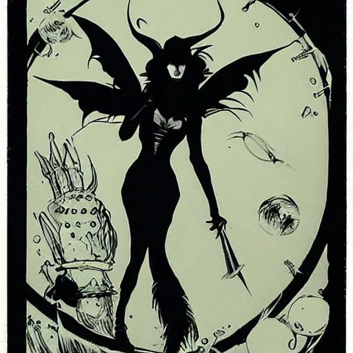 Prompt: jennifer connelly as gothic dark fae disney villain with black feathers instead of hair, feathers growing out of skin, space station, zero gravity, pulp sci fi, mike mignola, comic book cover, vivid, beautiful, illustration, highly detailed