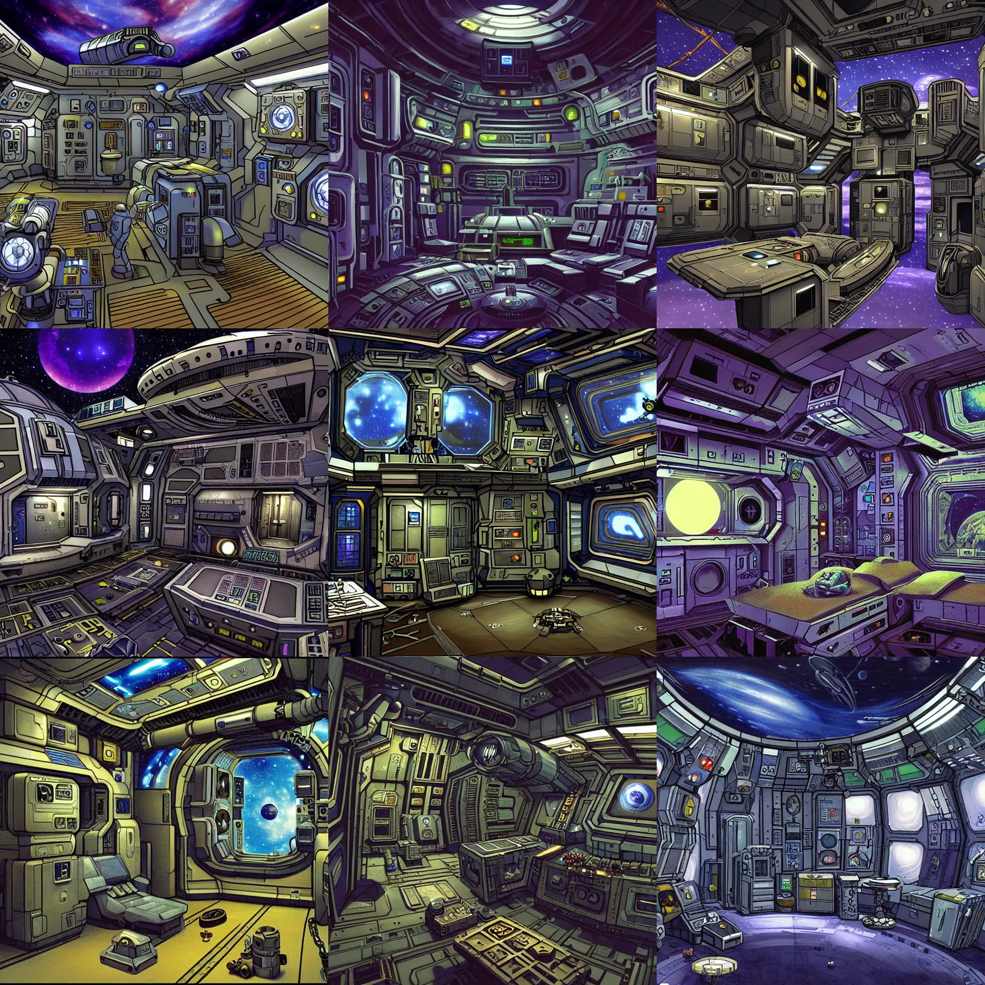 Prompt: a officer's living quarters, on a space station, from a space themed point and click 2 d graphic adventure game, set design inspired by hg giger, art inspired by thomas kinkade