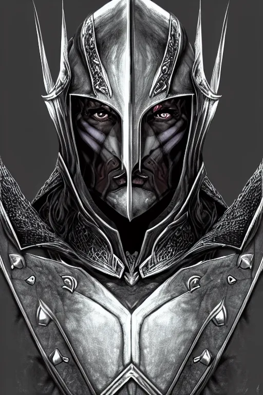 Image similar to head and shoulders portrait of an eldrich knight, drow, dark elf, shadar kai, breastplate, magical, male, high fantasy, d & d, by miro petrov, face details, extremely detailed, digital illustration