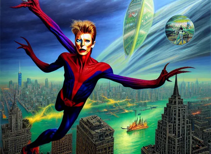 Image similar to painted poster of david bowie, as the green goblin flying above new york in the background. intricate, elegant, highly detailed, centered, digital painting, artstation, concept art, smooth, sharp focus, illustration, artgerm, tomasz alen kopera, peter mohrbacher, donato giancola, joseph christian leyendecker, drew struzan