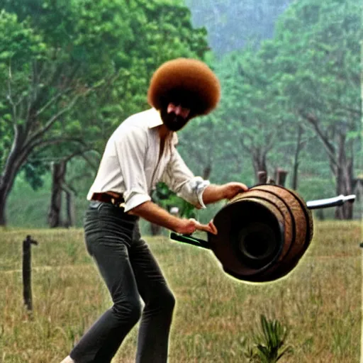 Image similar to bob ross rolling a metal barrel in the vietnam war