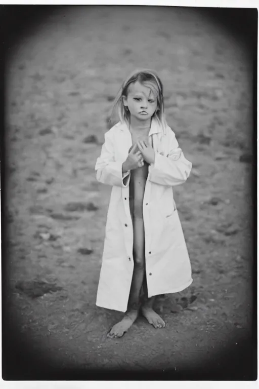 Prompt: photo polaroid of a sad and lonely child in a white coat and barefoot stands in the middle many big tents of field hospitals, pandemic, covid, loneliness, black and white ,photorealistic, 35mm film,