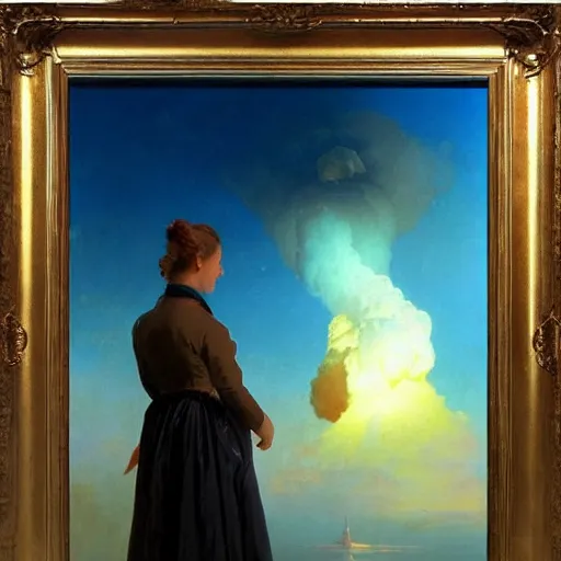 Image similar to beautiful young woman looking at giant nuclear explosion, artwork by Aivazovsky, Ivan